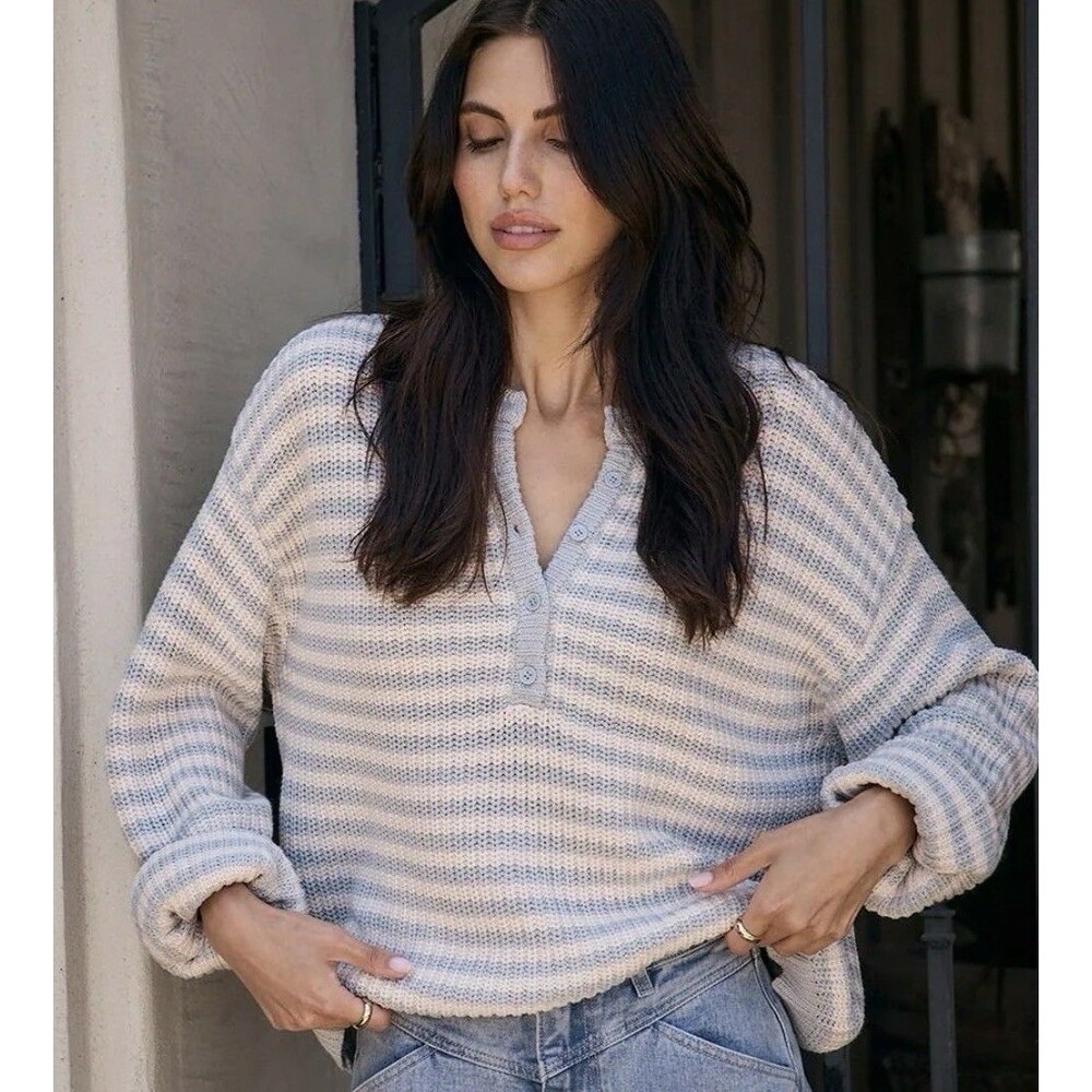 Anthro Saltwater LUXE Leilani Soft Rugby Sweater Sky Blue Ivory EUC Coastal